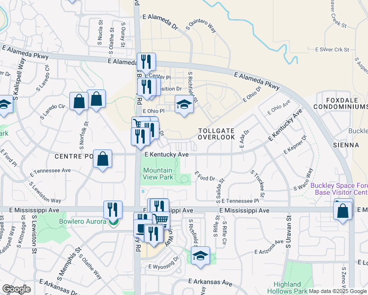 map of restaurants, bars, coffee shops, grocery stores, and more near 17056 East Ohio Drive in Aurora