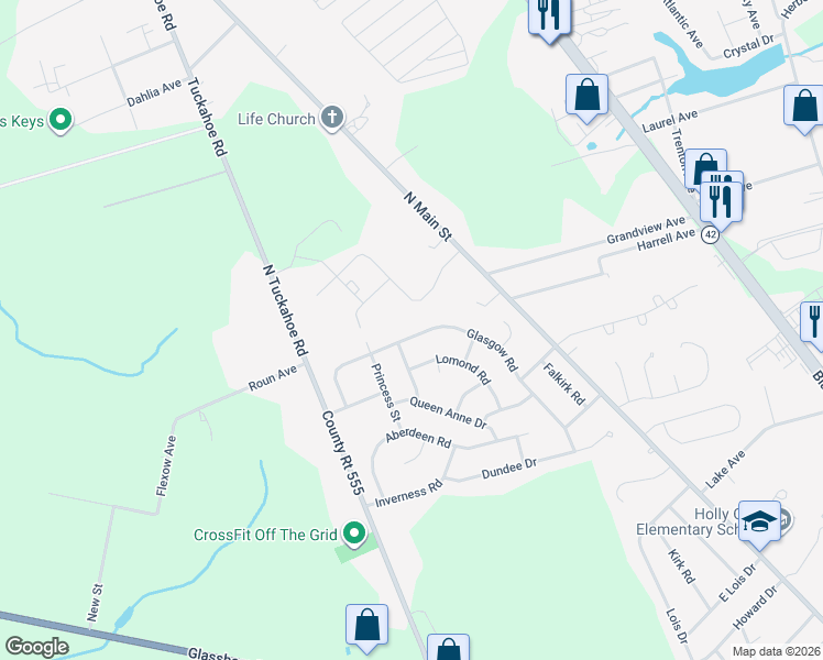 map of restaurants, bars, coffee shops, grocery stores, and more near 211 Glasgow Road in Monroe