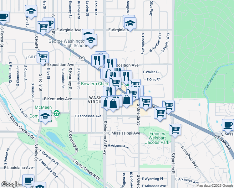 map of restaurants, bars, coffee shops, grocery stores, and more near 890 South Monaco Street Parkway in Denver