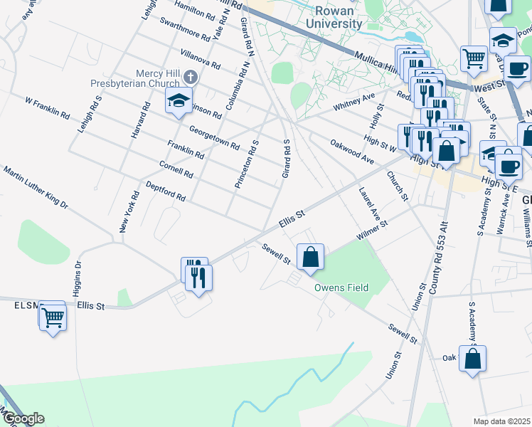 map of restaurants, bars, coffee shops, grocery stores, and more near 2 Cornell Rd in Glassboro