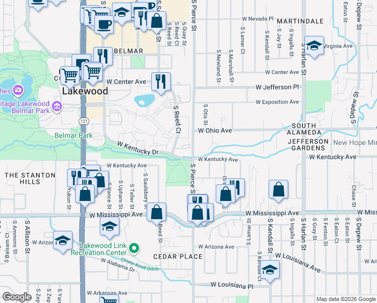 map of restaurants, bars, coffee shops, grocery stores, and more near 882 South Reed Court in Lakewood