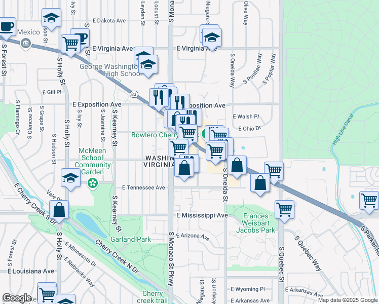 map of restaurants, bars, coffee shops, grocery stores, and more near 890 South Monaco Street Parkway in Denver