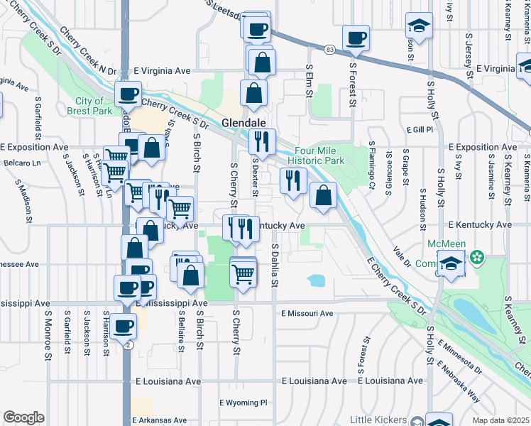 map of restaurants, bars, coffee shops, grocery stores, and more near 878 South Dexter Street in Denver