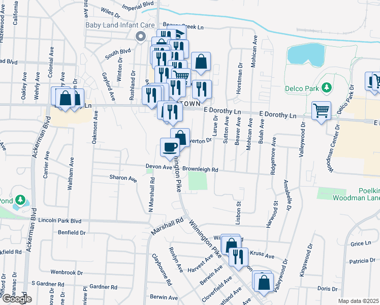 map of restaurants, bars, coffee shops, grocery stores, and more near 3122 Wilmington Pike in Kettering