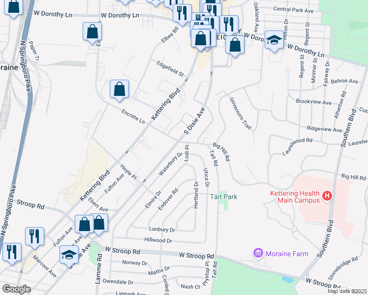 map of restaurants, bars, coffee shops, grocery stores, and more near 3507 Lodi Place in Dayton