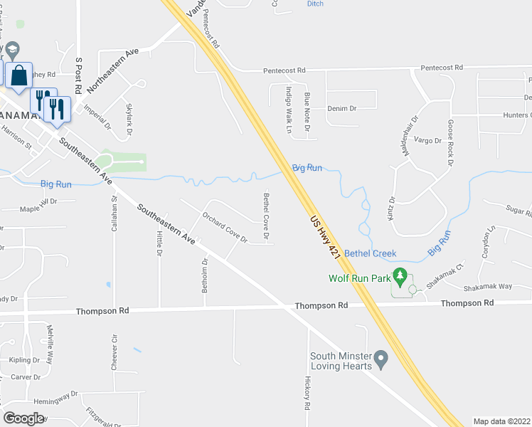 map of restaurants, bars, coffee shops, grocery stores, and more near Bethel Cove Drive in Indianapolis