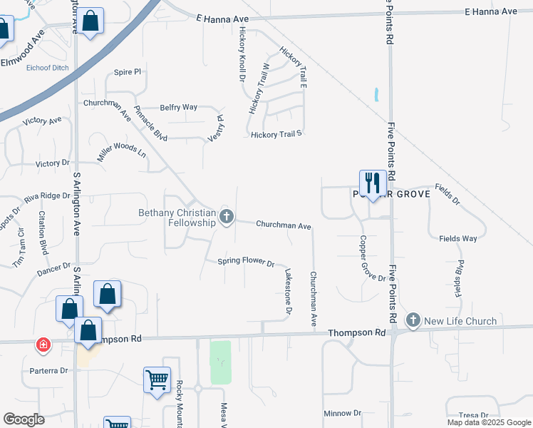 map of restaurants, bars, coffee shops, grocery stores, and more near 6612 Churchman Avenue in Indianapolis