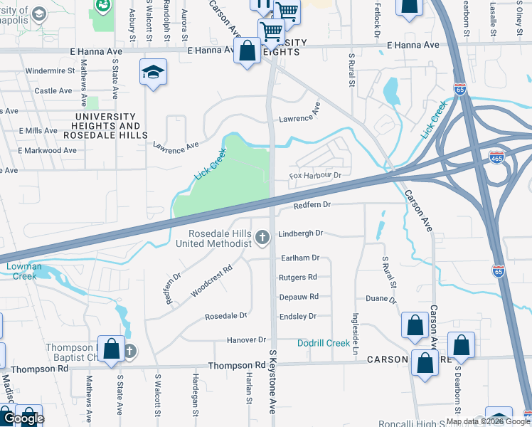 map of restaurants, bars, coffee shops, grocery stores, and more near 2300 Redfern Drive in Indianapolis
