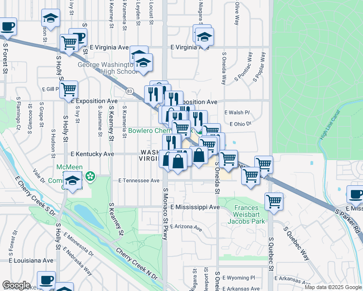 map of restaurants, bars, coffee shops, grocery stores, and more near 890 South Monaco Street Parkway in Denver