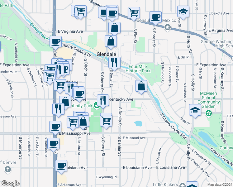 map of restaurants, bars, coffee shops, grocery stores, and more near 878 South Dexter Street in Denver