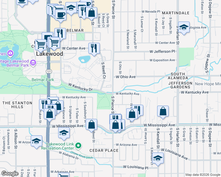 map of restaurants, bars, coffee shops, grocery stores, and more near 882 South Reed Court in Lakewood