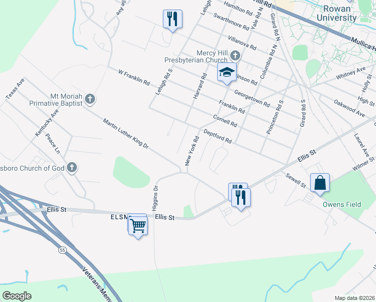 map of restaurants, bars, coffee shops, grocery stores, and more near 613 New York Road in Glassboro