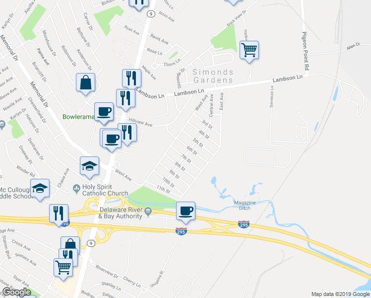 map of restaurants, bars, coffee shops, grocery stores, and more near 607 Central Avenue in New Castle