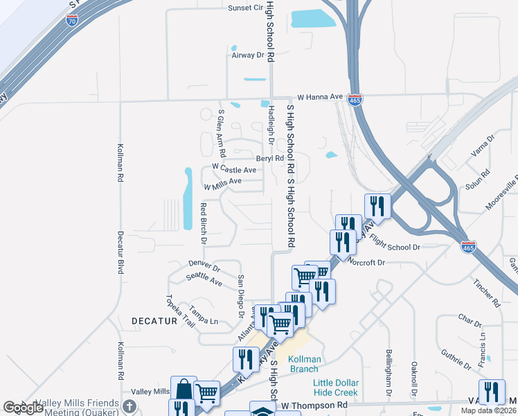 map of restaurants, bars, coffee shops, grocery stores, and more near 6348 Johnwes Road in Indianapolis