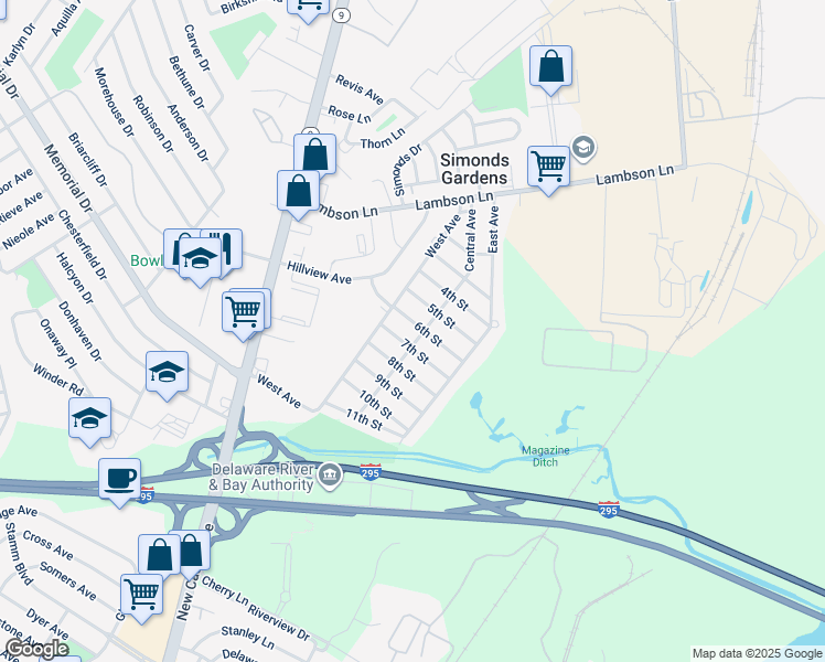 map of restaurants, bars, coffee shops, grocery stores, and more near 603 Central Avenue in New Castle