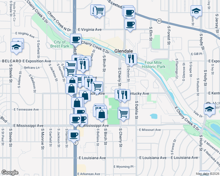map of restaurants, bars, coffee shops, grocery stores, and more near 4505 East Kentucky Circle in Denver