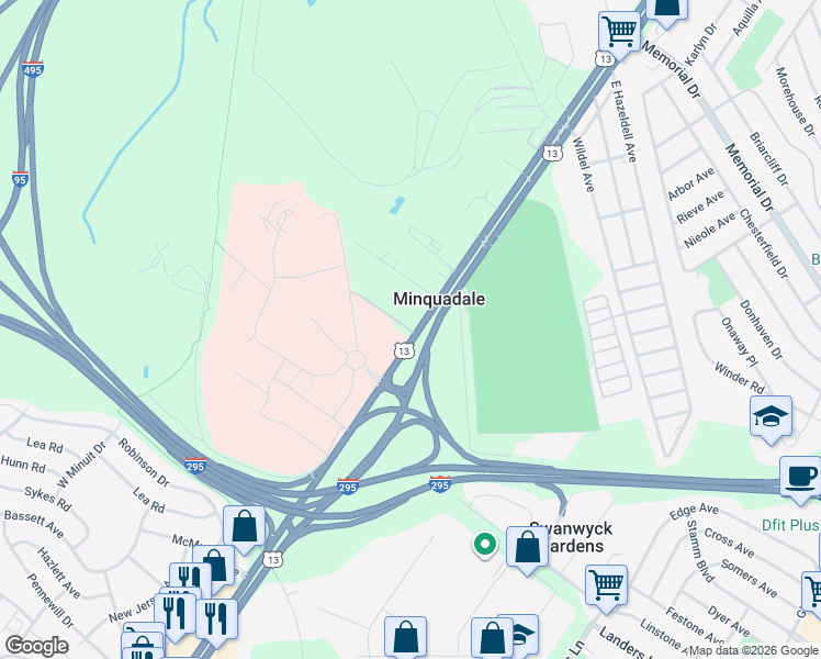 map of restaurants, bars, coffee shops, grocery stores, and more near 10 Central Avenue in New Castle