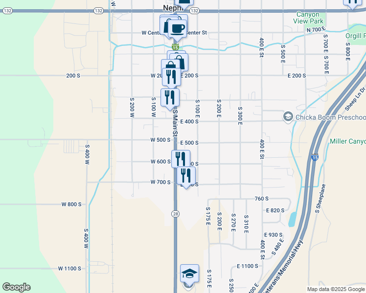 map of restaurants, bars, coffee shops, grocery stores, and more near 545 South Main Street in Nephi