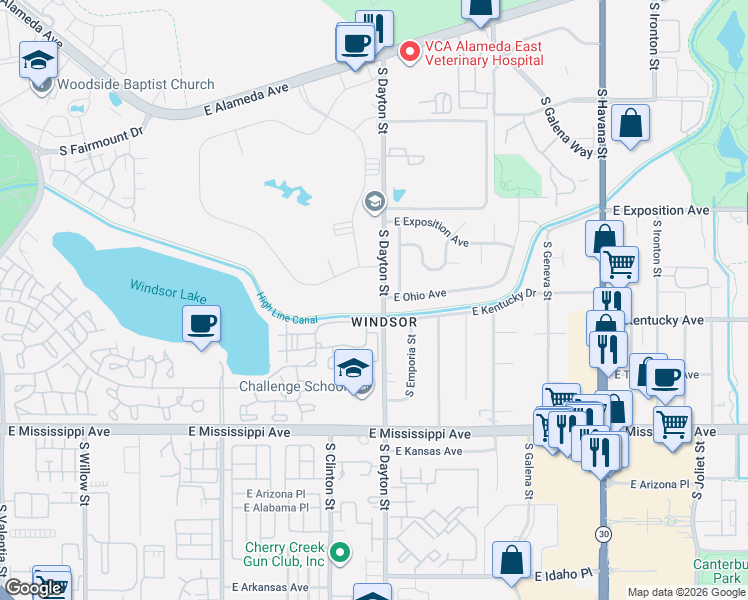 map of restaurants, bars, coffee shops, grocery stores, and more near 795 South Alton Way in Denver