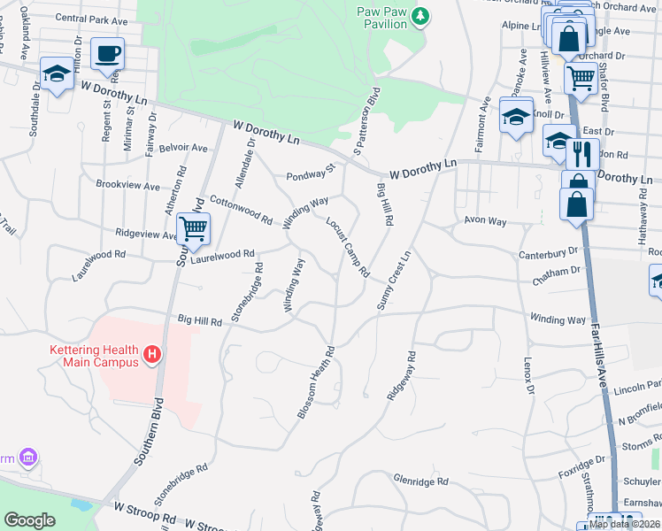 map of restaurants, bars, coffee shops, grocery stores, and more near 750 Laurelwood Road in Kettering