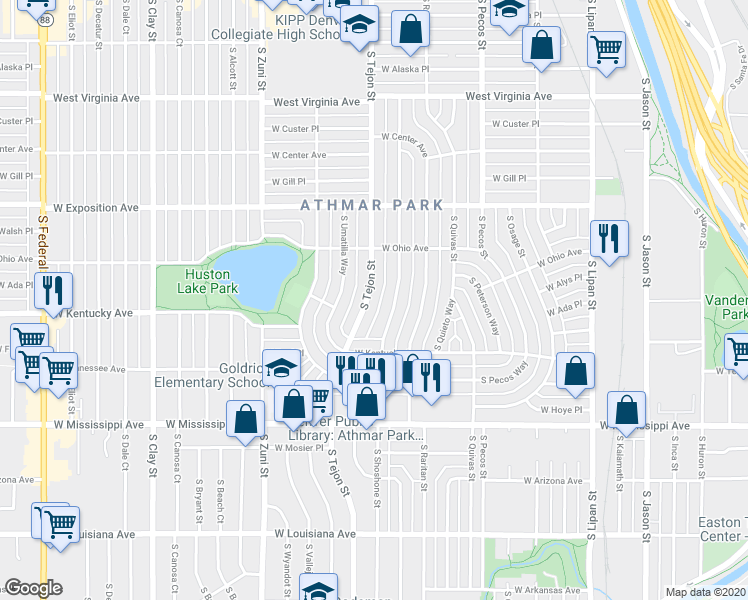 map of restaurants, bars, coffee shops, grocery stores, and more near 844 South Tejon Street in Denver