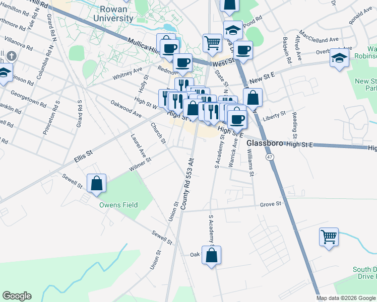 map of restaurants, bars, coffee shops, grocery stores, and more near 101 South Main Street in Glassboro