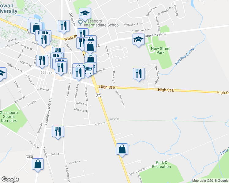 map of restaurants, bars, coffee shops, grocery stores, and more near 220 High Street East in Glassboro