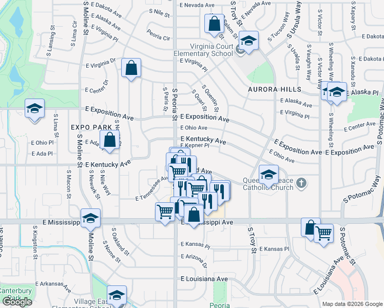 map of restaurants, bars, coffee shops, grocery stores, and more near 12183 East Ford Avenue in Aurora