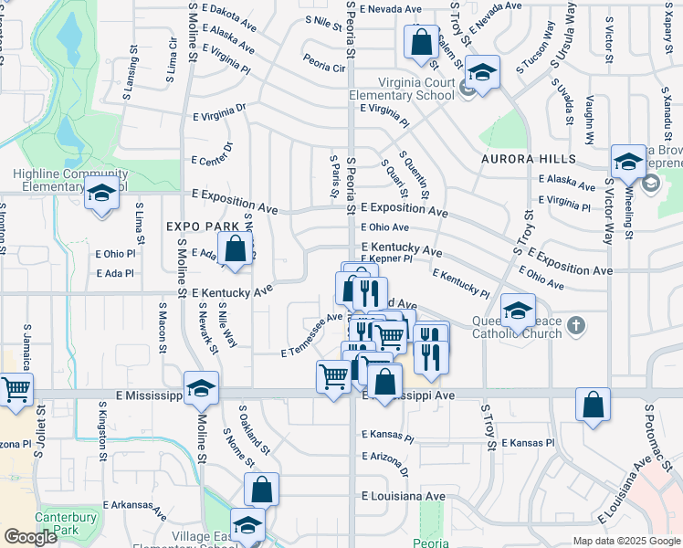 map of restaurants, bars, coffee shops, grocery stores, and more near 962 South Peoria Street in Aurora