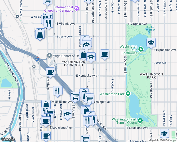 map of restaurants, bars, coffee shops, grocery stores, and more near 895 South Pearl Street in Denver