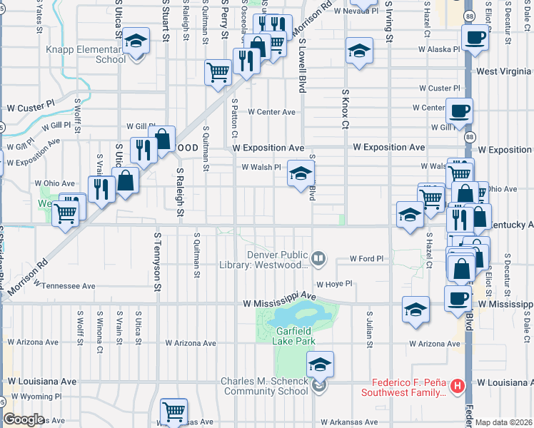 map of restaurants, bars, coffee shops, grocery stores, and more near in Denver