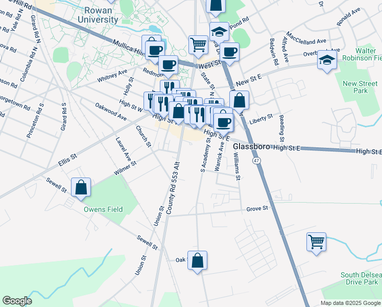 map of restaurants, bars, coffee shops, grocery stores, and more near 33 South Academy Street in Glassboro