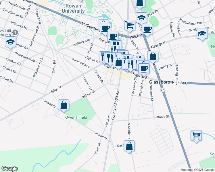 map of restaurants, bars, coffee shops, grocery stores, and more near 23 Church Street in Glassboro