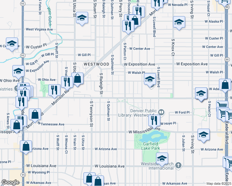 map of restaurants, bars, coffee shops, grocery stores, and more near 880 South Quitman Street in Denver