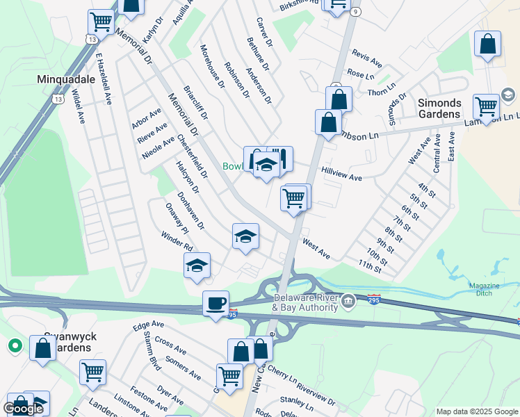 map of restaurants, bars, coffee shops, grocery stores, and more near 18 Memorial Drive in New Castle