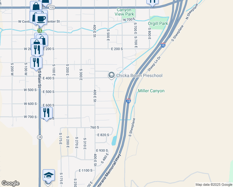 map of restaurants, bars, coffee shops, grocery stores, and more near 508 South 600 East in Nephi