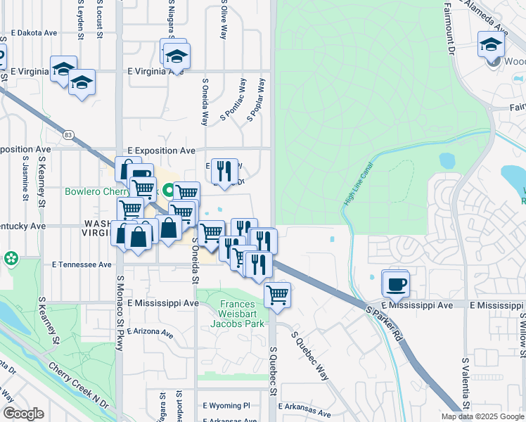 map of restaurants, bars, coffee shops, grocery stores, and more near 801 South Quebec Street in Denver