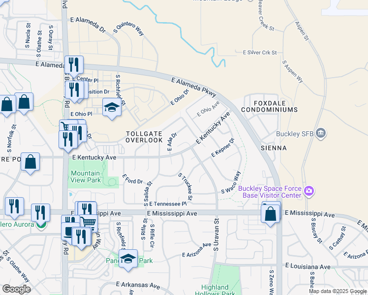 map of restaurants, bars, coffee shops, grocery stores, and more near 861 South Uravan Court in Aurora