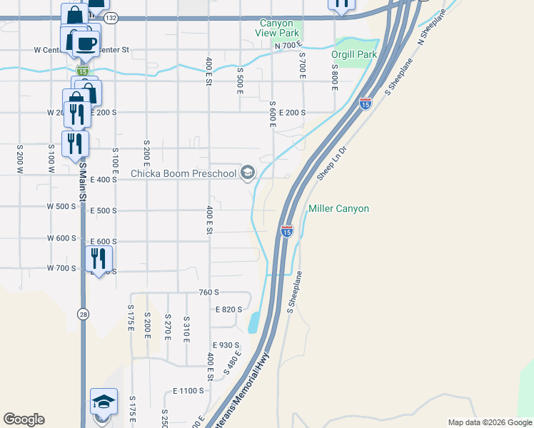 map of restaurants, bars, coffee shops, grocery stores, and more near 507 South 600 East in Nephi