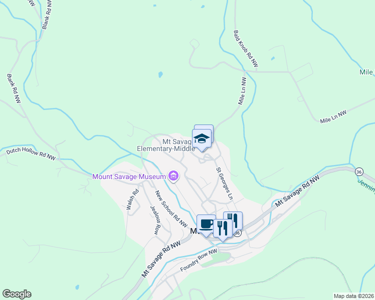 map of restaurants, bars, coffee shops, grocery stores, and more near 13010 Yellow Row Road Northwest in Mount Savage