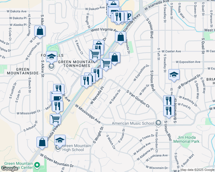 map of restaurants, bars, coffee shops, grocery stores, and more near 12350 West Nevada Place in Lakewood
