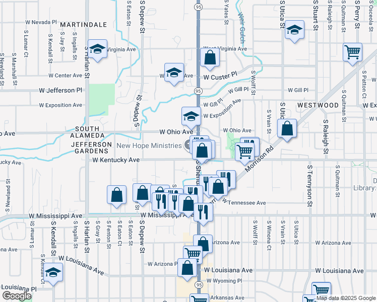 map of restaurants, bars, coffee shops, grocery stores, and more near 875 South Sheridan Boulevard in Lakewood