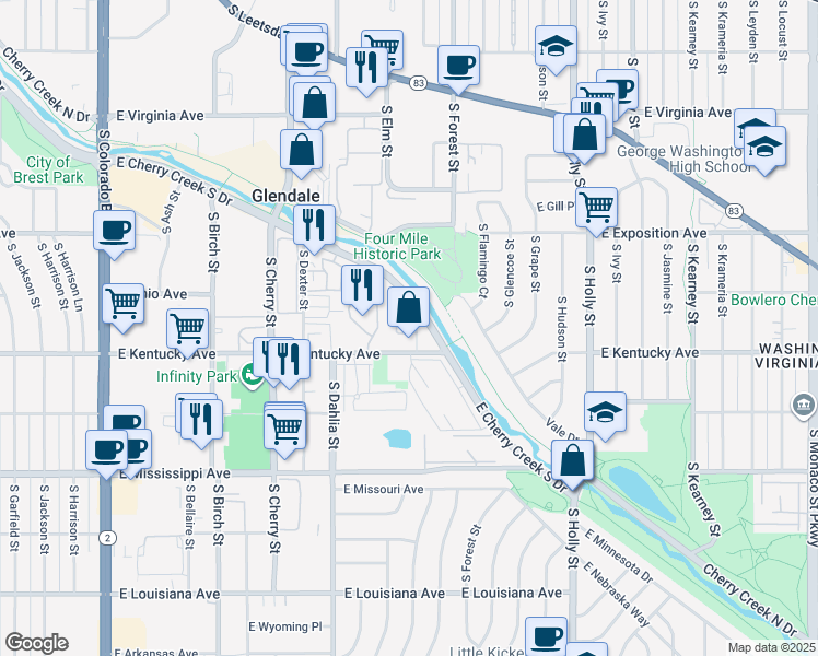 map of restaurants, bars, coffee shops, grocery stores, and more near 5058 Cherry Creek Drive South in Denver