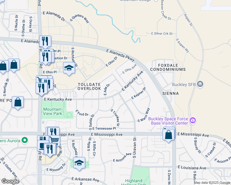 map of restaurants, bars, coffee shops, grocery stores, and more near 841 South Uravan Court in Aurora