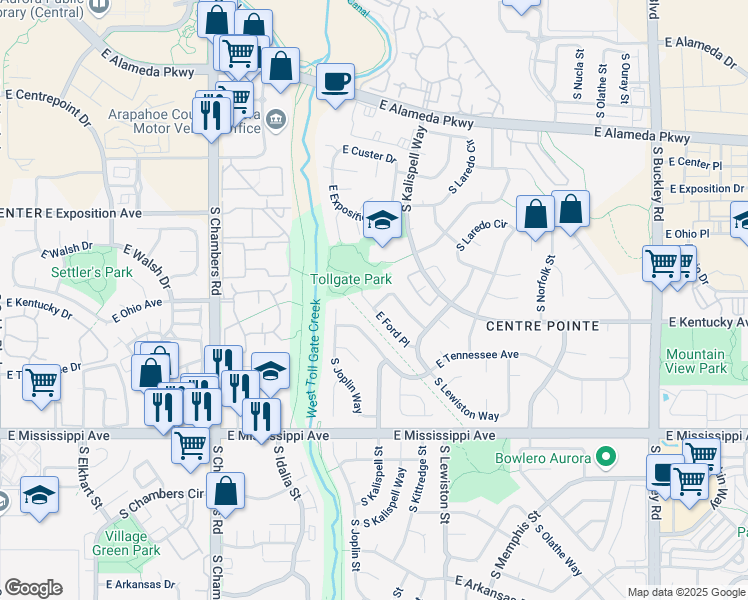 map of restaurants, bars, coffee shops, grocery stores, and more near 15820 East Ford Place in Aurora