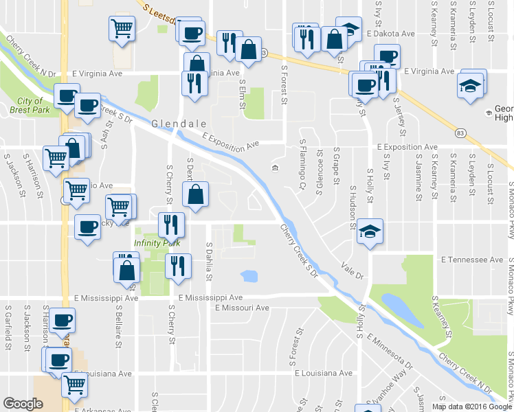 map of restaurants, bars, coffee shops, grocery stores, and more near 5055 East Kentucky Avenue in Denver