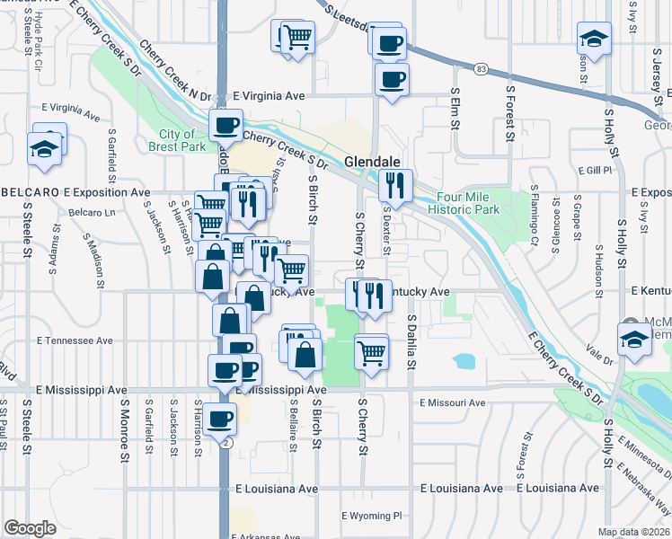 map of restaurants, bars, coffee shops, grocery stores, and more near 4505 East Kentucky Circle in Denver