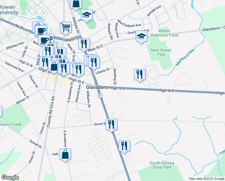 map of restaurants, bars, coffee shops, grocery stores, and more near 220 High Street East in Glassboro