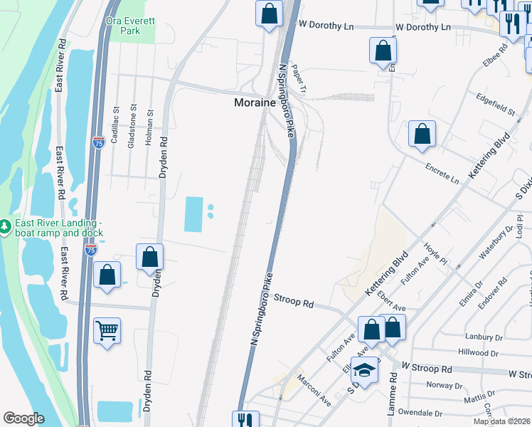 map of restaurants, bars, coffee shops, grocery stores, and more near in Kettering