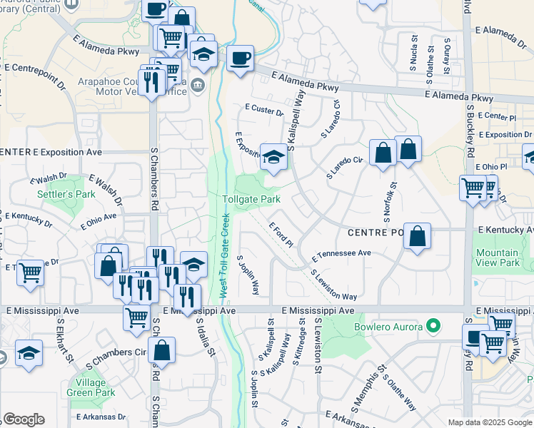 map of restaurants, bars, coffee shops, grocery stores, and more near 15820 East Ford Place in Aurora